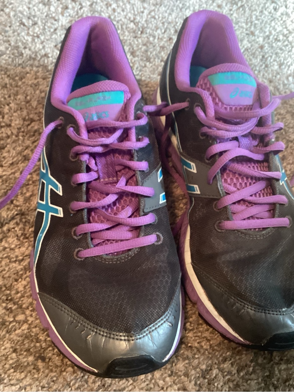ASICS Women's Black and Purple Running Sneakers with Teal Accents